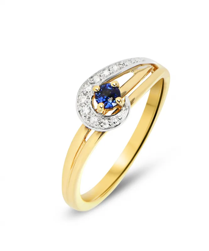 Bague Femme Saphir Rond 3mm et Diamants Or Jaune 750 - Taille 50