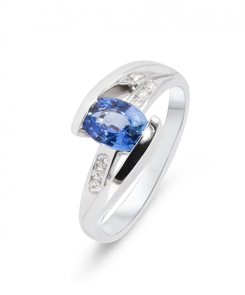 Bague Femme Saphir de Ceylan Ovale 7x5 et Diamant Or Blanc 750 - Taille 53