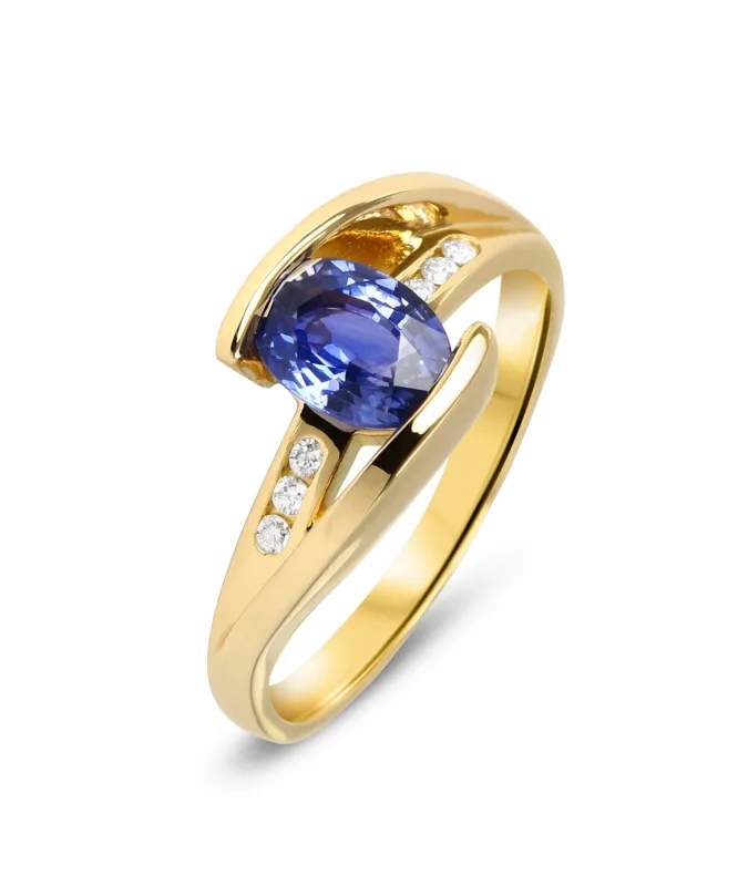 Bague Femme Saphir Ovale 7x5mm et Diamants Or Jaune 750 - Taille 54